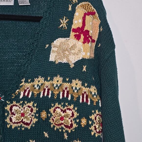 Vintage Holiday Cardigan Cute Sweater Embroidered Dark Green Women's Size Large - Picture 4 of 9
